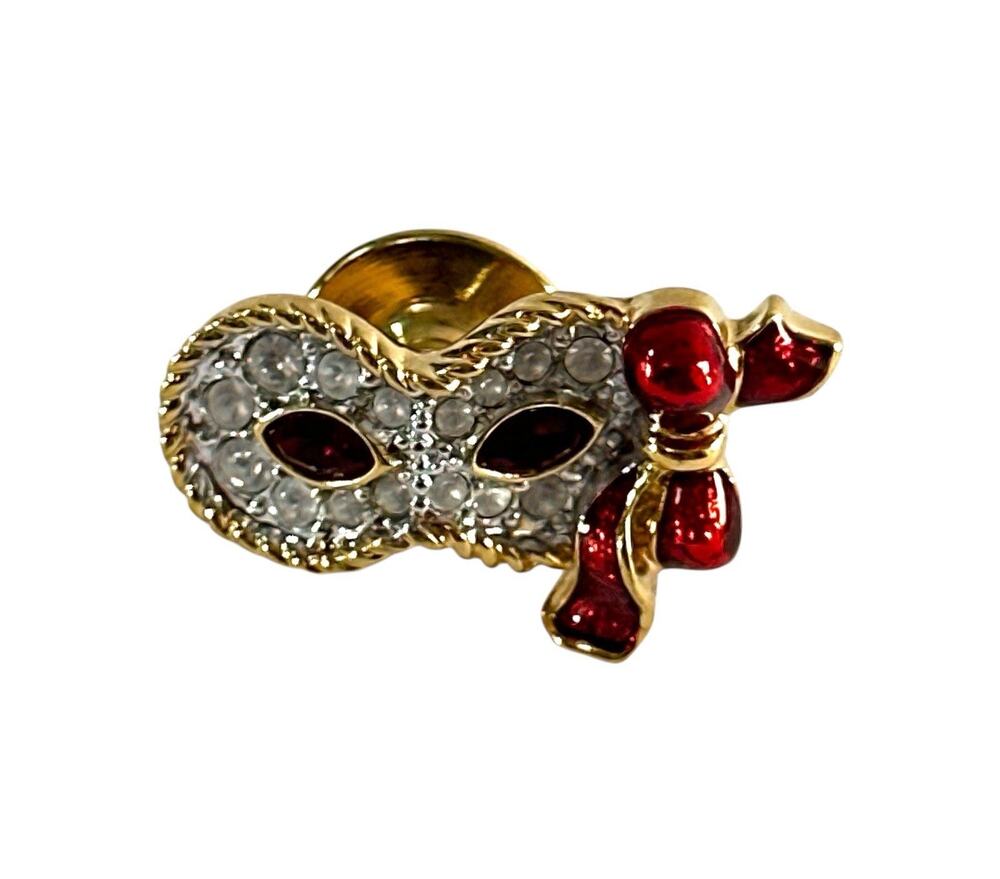 Swarovski 1999 SCS Pierrot Masquerade Mask Tie Tack Pin Red Crystal Bow
